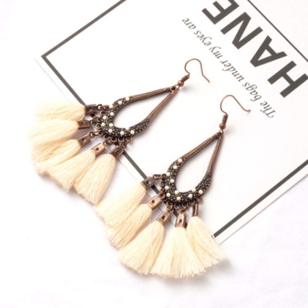 Cream Vintage Boho Tassel Drop Earrings - Picture 7 of 7